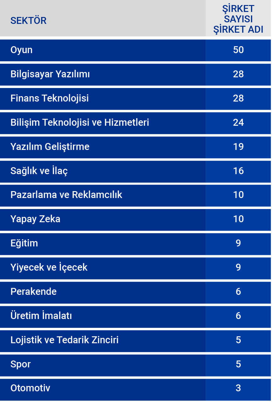 Gülman Group’un çok sektörlü girişim sermayesi portföyünü ve şirket sayılarını gösteren tablo.
